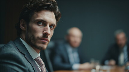 Caucasian businessman talking during meeting in board room. Corporate professional man leading team discussion. Business leader concept.