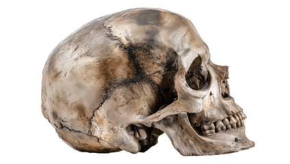 A side profile of an aged human skull, showcasing intricate bone details and natural textures, isolated on a stark white background for anatomical, medical, and educational themes

