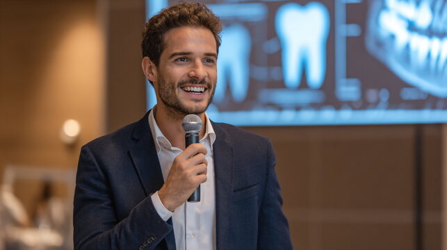 A smiling man holding a microphone, giving a presentation with an x-ray scan on the blurry screen behind him.