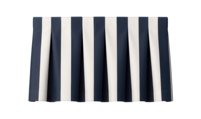 A bold striped fabric valance with a modern box pleat design, suitable for a contemporary kitchen window.