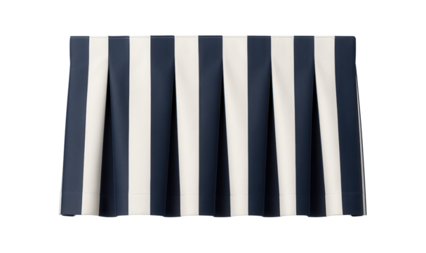 A bold striped fabric valance with a modern box pleat design, suitable for a contemporary kitchen window.