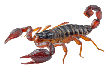 A menacing reddish-brown scorpion, a venomous desert arthropod, detailed with its segmented body, pincers, and curved stinger, isolated on a stark white background for zoological and dangerous themes

