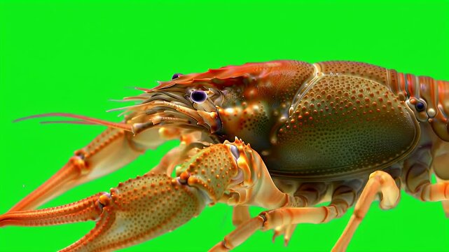Close-up of a Freshwater Crayfish on Vivid Green Background for Chroma Key