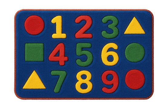 Colorful educational children's rug with numbers and shapes, great for a kindergarten classroom setting.