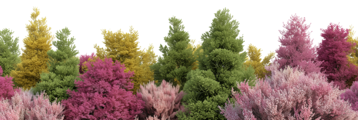 Colorful trees and bushes with diverse foliage create a vibrant botanical background, showcasing various plant textures for nature-themed designs and spring or autumn concepts

