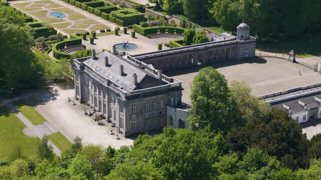 ch&acirc;teau seneffe main building several visitors walking nearby presence water ponds fountains adds to from left right circles aerial of de belgium 