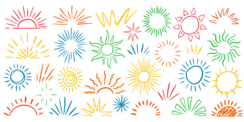 Colorful set of hand drawn doodle sunburst in whimsical sketch style. Decoration sun beams, stars and firework. Vector decoratoin elements