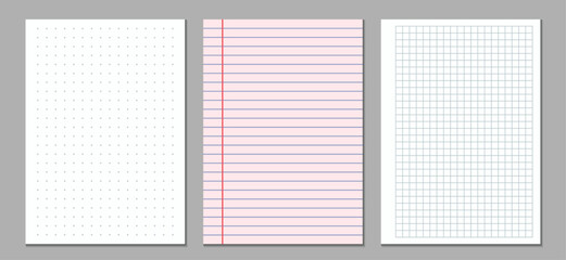 Three styles of white notebook paper &mdash; lined, squared, and dotted &mdash; displayed on a sleek dark grey backdrop. Ideal for showcasing text, branding, or minimalist design ideas. Vector illustration.