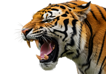 Roaring Tiger Portrait Isolated on Transparent Background Wild Animal