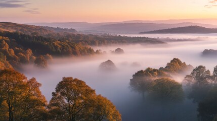 Fototapeta premium A serene landscape unfolds before the viewer. Morning mist dances among the trees and valleys. Tranquility fills the air, inviting reflection and peace. Generative AI