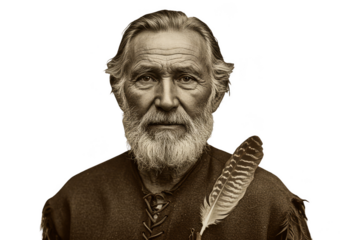 Sepia Portrait of Old Man with Beard Holding Feather on Transparent
