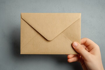 Fototapeta premium Hand holding a brown envelope against a textured gray background, symbolizing communication