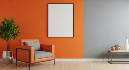 Photo of a modern living room interior with orange armchair, plant, and blank frame on the wall