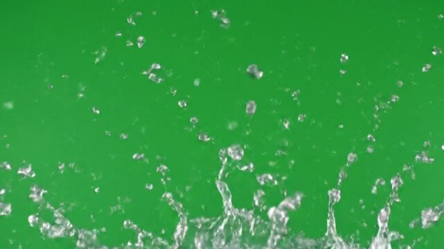 Dynamic slow motion water splash explosion with crystal clear droplets spreading outward against the solid green screen background for visual effects.
