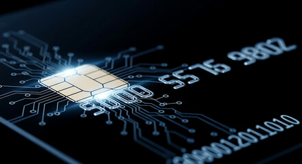 Close-up view of a credit card chip with illuminated circuitry, showcasing modern payment technology.