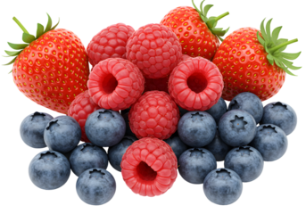 Transparent Background Fresh Berries Pile of Strawberry Raspberry Blueberry