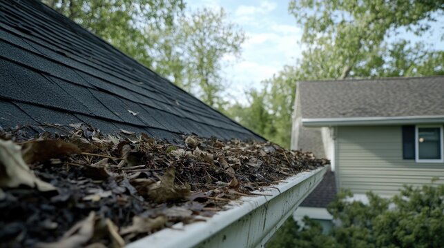 Close-up of house eaves with autumn leaves