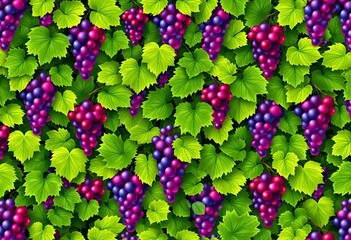 Seamless repeating grapevine pattern with lush leaves and ripe grapes for textile design, vector, design element