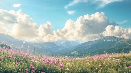 Blooming wildflower meadow with pink and white flowers under blue sky with fluffy clouds and mountains in background.
