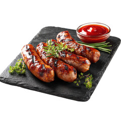 Grilled sausages on slate on transparent Background