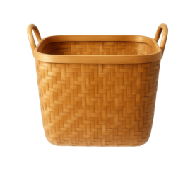 A bamboo basket with woven handles, suitable for holding towels in a bathroom.