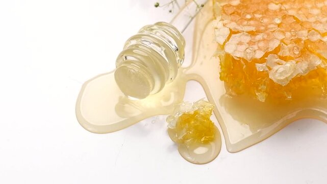 Honeycomb, honey dripping, pouring from glass honey dipper spoon, on white background, border design, close-up. Honey comb, Healthy organic liquid honey spill. Top view. Bees wax. Slow motion 