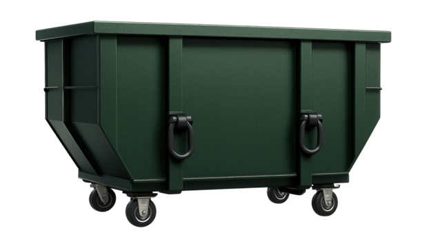 A large, industrial-grade dumpster for construction waste on residential renovation projects.