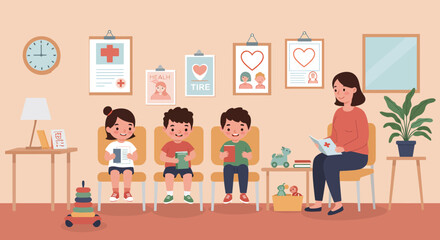 Children sitting in a waiting room, reading and accompanied by a caregiver.