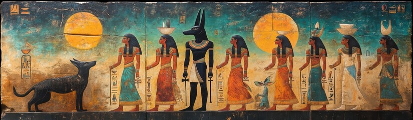 Ancient Egyptian Art with Anubis and Goddess Figures by Sunlight
