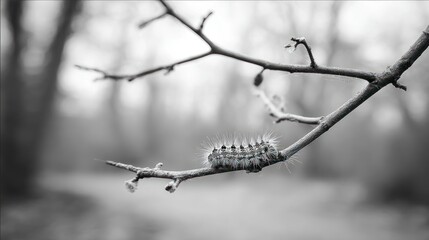 A grayscale caterpillar on a branch