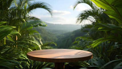 Fototapeta premium Tropical landscape surrounded Round Wooden Table podium beach with palm trees and clear ocean under sunny sky