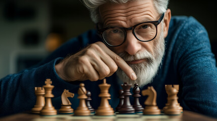 Focused senior man with glasses contemplates strategy while playing chess at home, showing experience and intellect.