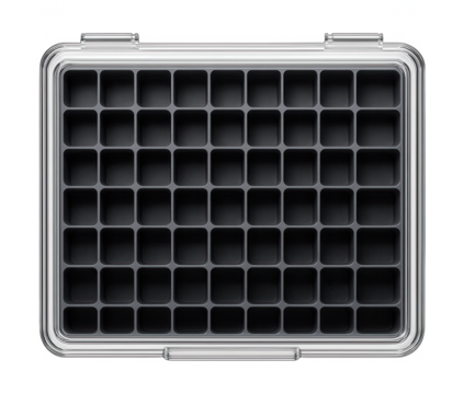 Clear plastic box with a grid insert for organizing electronic components in a tech workspace.