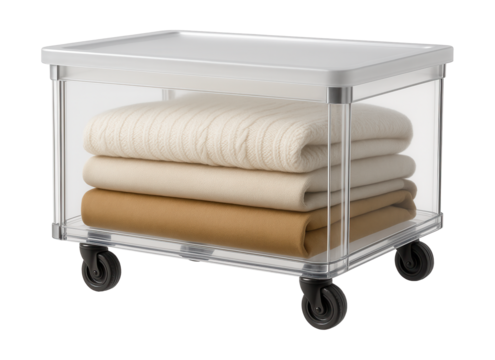 Large transparent wall box with wheels for easy transport of seasonal clothing in a home attic.