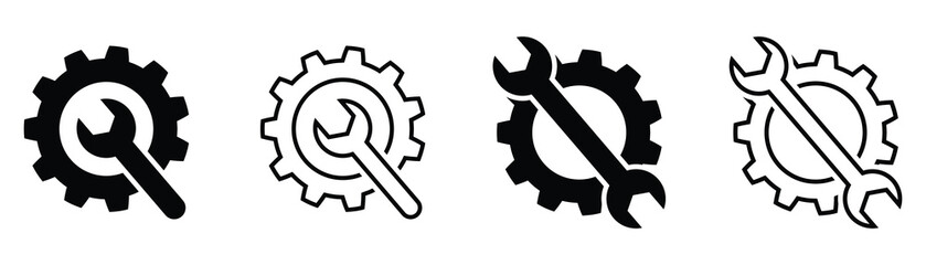 Gear and Wrench Icons: Four Variations – Solid Black, Outline, and Two Combinations. Vector graphic illustrations depicting maintenance, repair, engineering, and technical support concepts