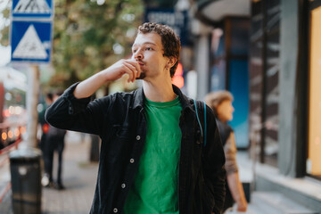 Fototapeta premium A young man outdoors in an urban setting, dressed in casual clothing, looking thoughtful and engaged with the surroundings.