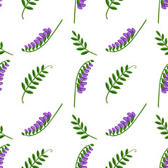 Seamless vector pattern of stylized tufted vetch flowers and leaves, featuring a vibrant purple and green color palette on a white background, ideal for textile prints or surface design.