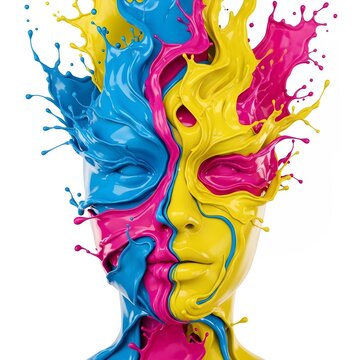 Abstract Face In Cmyk Paint Splash: Vibrant 3d Render Of Color Explosion
