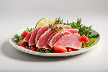 Luxurious A piece of tuna with a green leaf on it