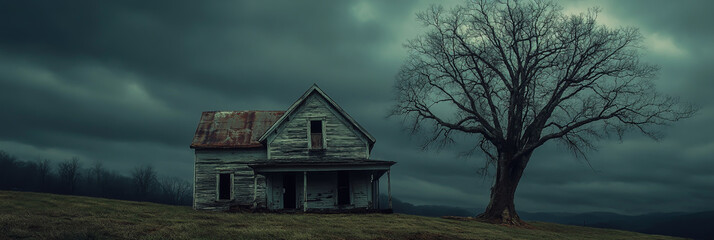 A dilapidated, abandoned farmhouse sits on a gently sloping hill in the rural countryside, surrounded by grass and wild foliage.