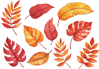 Watercolor Illustration of Autumn Leaves with Orange and Red Colors