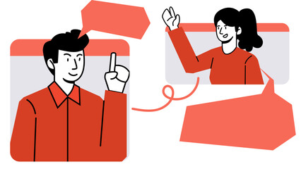 Flat Character Communication. Man and Woman in Video Call, Chat, Messaging, and Email Interaction