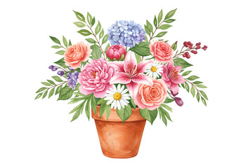 Fototapeta premium Watercolor Illustration of Flower Bouquet in Pot Floral Arrangement