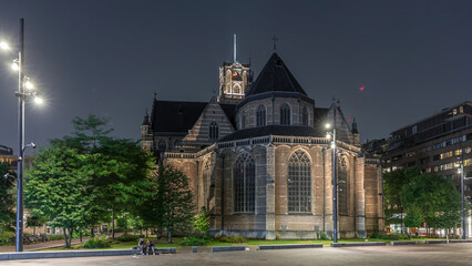 Obraz premium Hyperlapse of Laurenskerk on Grotekerkplein at night in Rotterdam. Netherlands