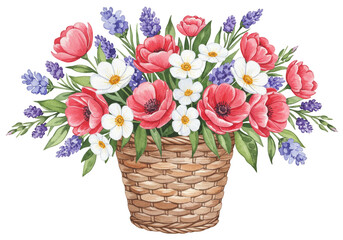 Obraz premium Watercolor Illustration of Spring Flowers Bouquet in Woven Basket