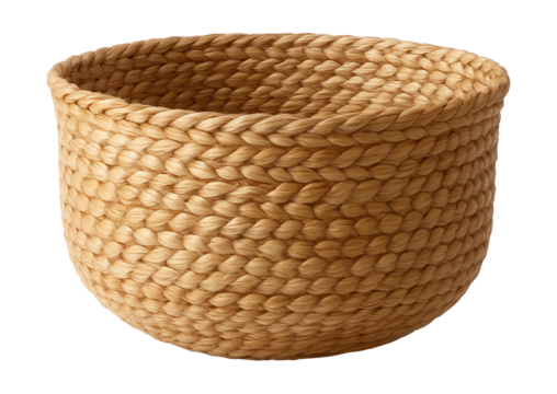 Woven basket with a flat base and open top, perfect for storing knitting supplies in a craft room.