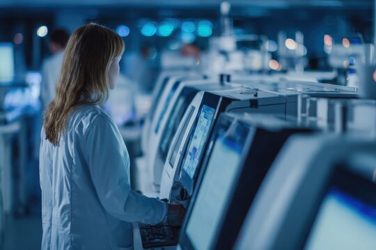 Laboratory technician analyzing data on computer screens in a modern research facility