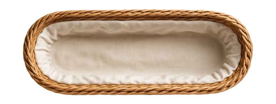 Woven basket with an elongated shape, suitable for storing baguettes and loaves in the kitchen.