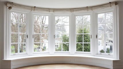 Fototapeta premium Bright and airy bay window featuring elegant white frames and a serene view of lush greenery.