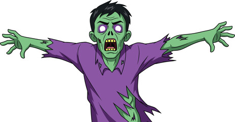 Cartoon green zombie character, purple shirt undead, creepy animated monster, horror Halloween design, scary vector creature, open arms zombie
